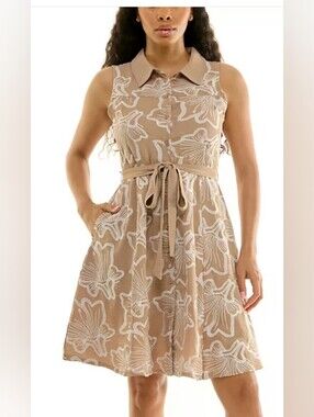 Nina Leonard Sleeveless Collared Button-Front Embroidered Shirtdress Size Large